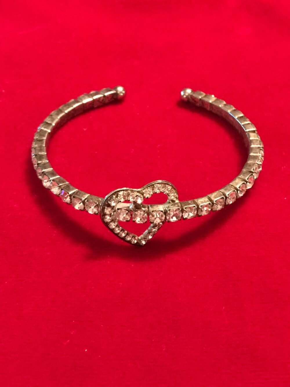 Vintage Silver Rhinestone Interlocking Open Heart Cuff Bracelet
